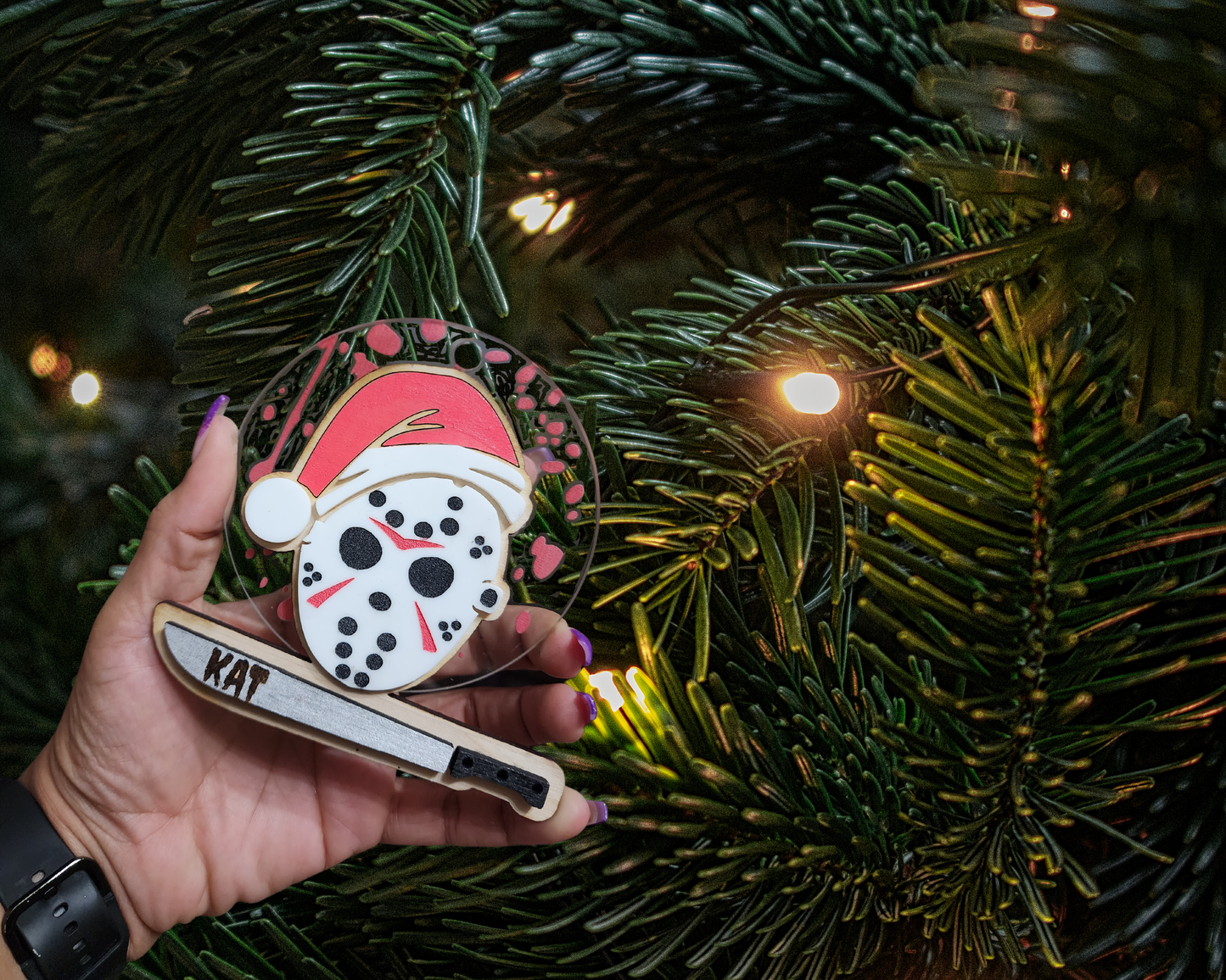 Jason Voorhees Christmas Ornament, wood and acrylic 2d layered, custom name ornament