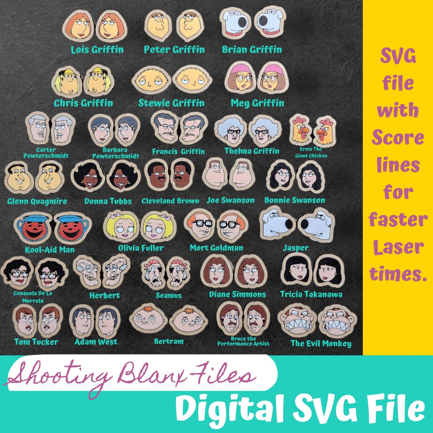 Family Guy Cartoon Laser Cut Earrings Bundle/ SCORE lines for faster Laser time
