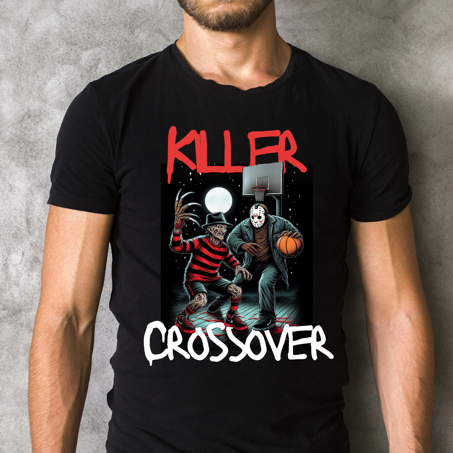 Killer Crossover Unisex Softstyle T-Shirt, Horror Graphic Tee, Basketball, Freddy vs. Jason