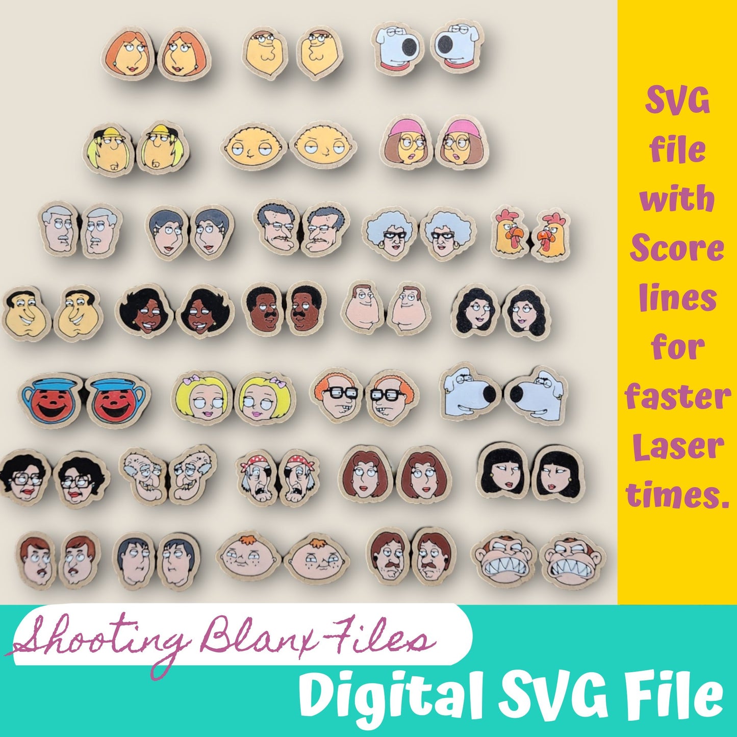 Family Guy Cartoon Laser Cut Earrings Bundle/ SCORE lines for faster Laser time