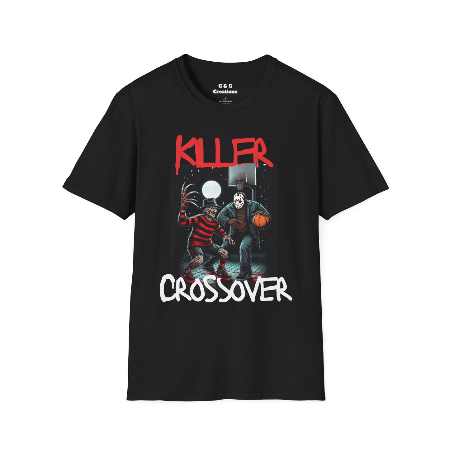 Killer Crossover Unisex Softstyle T-Shirt, Horror Graphic Tee, Basketball, Freddy vs. Jason