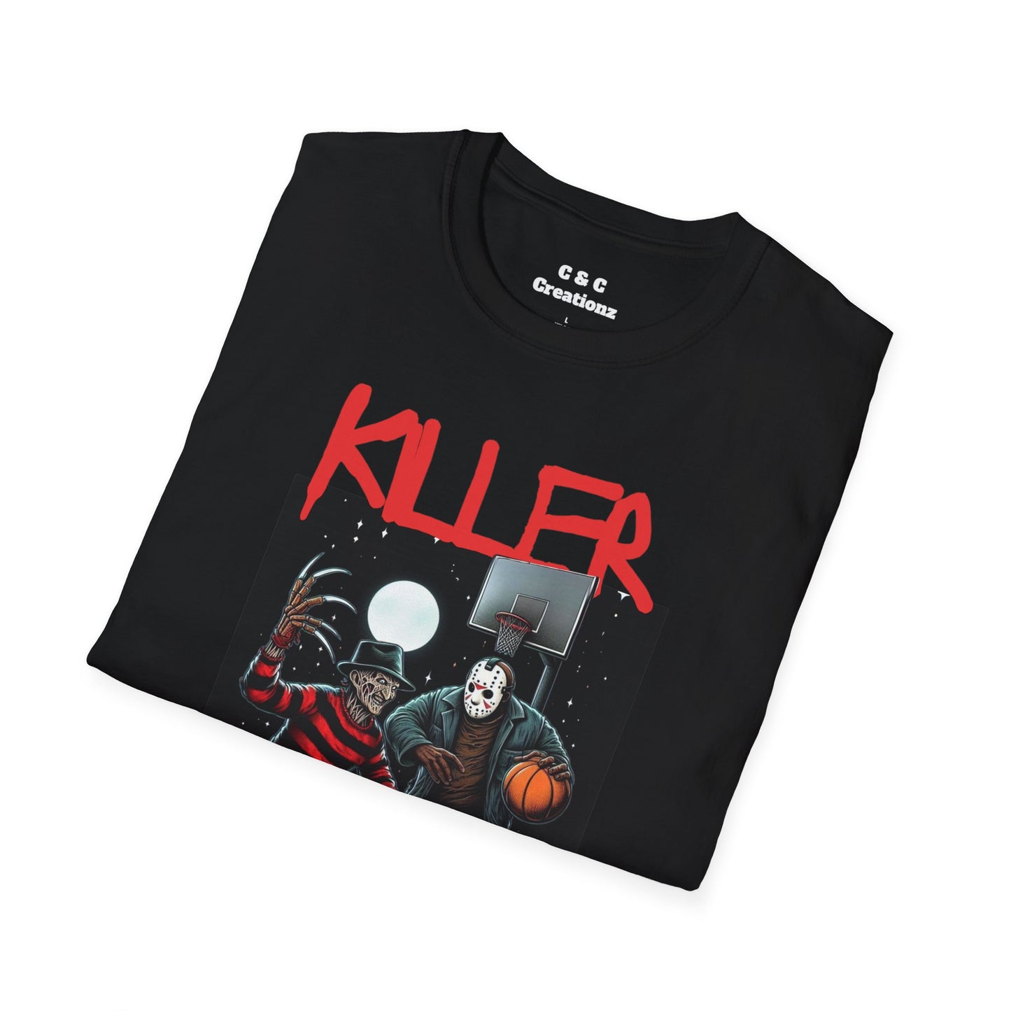 Killer Crossover Unisex Softstyle T-Shirt, Horror Graphic Tee, Basketball, Freddy vs. Jason
