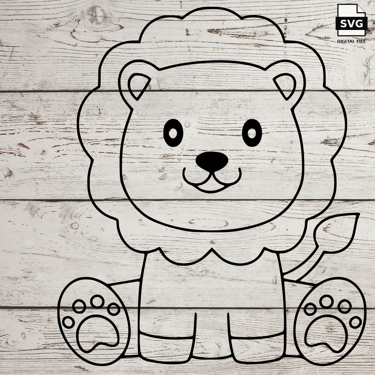 Baby lion cartoon SVG design on a whitewashed wood background. SVG digital file preview.