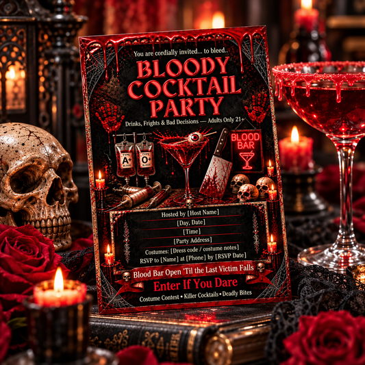 Bloody Cocktail Party editable Canva invitation lifestyle mockup with candles, skulls, roses and red cocktail