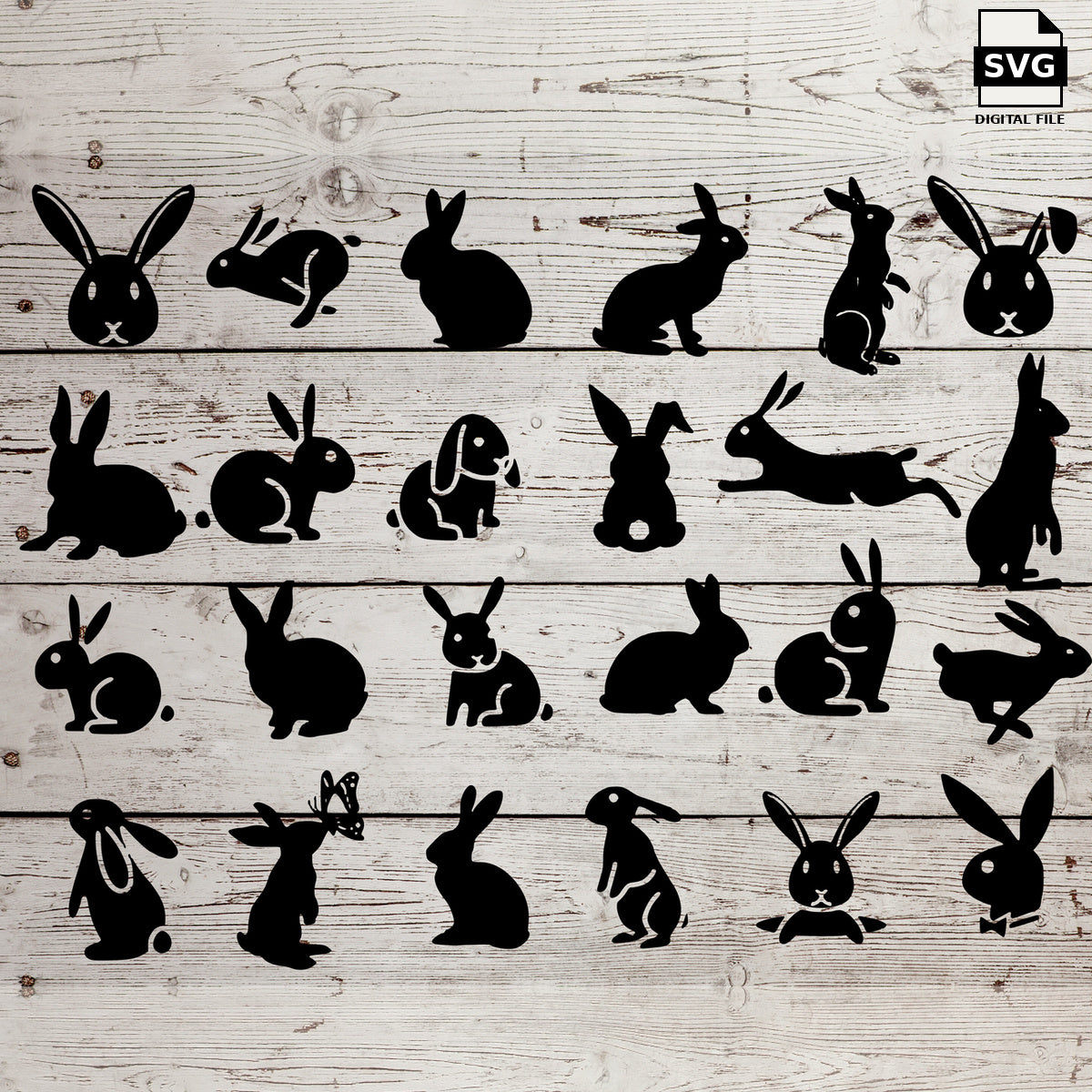 Bunny SVG bundle with rabbit silhouettes and decorative bunny faces on whitewashed wood, labeled SVG digital file.