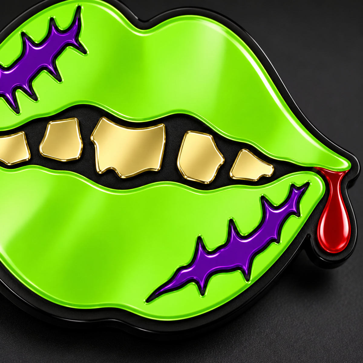 Close-up of gold teeth, purple scars and red drip on monster mouth mirror