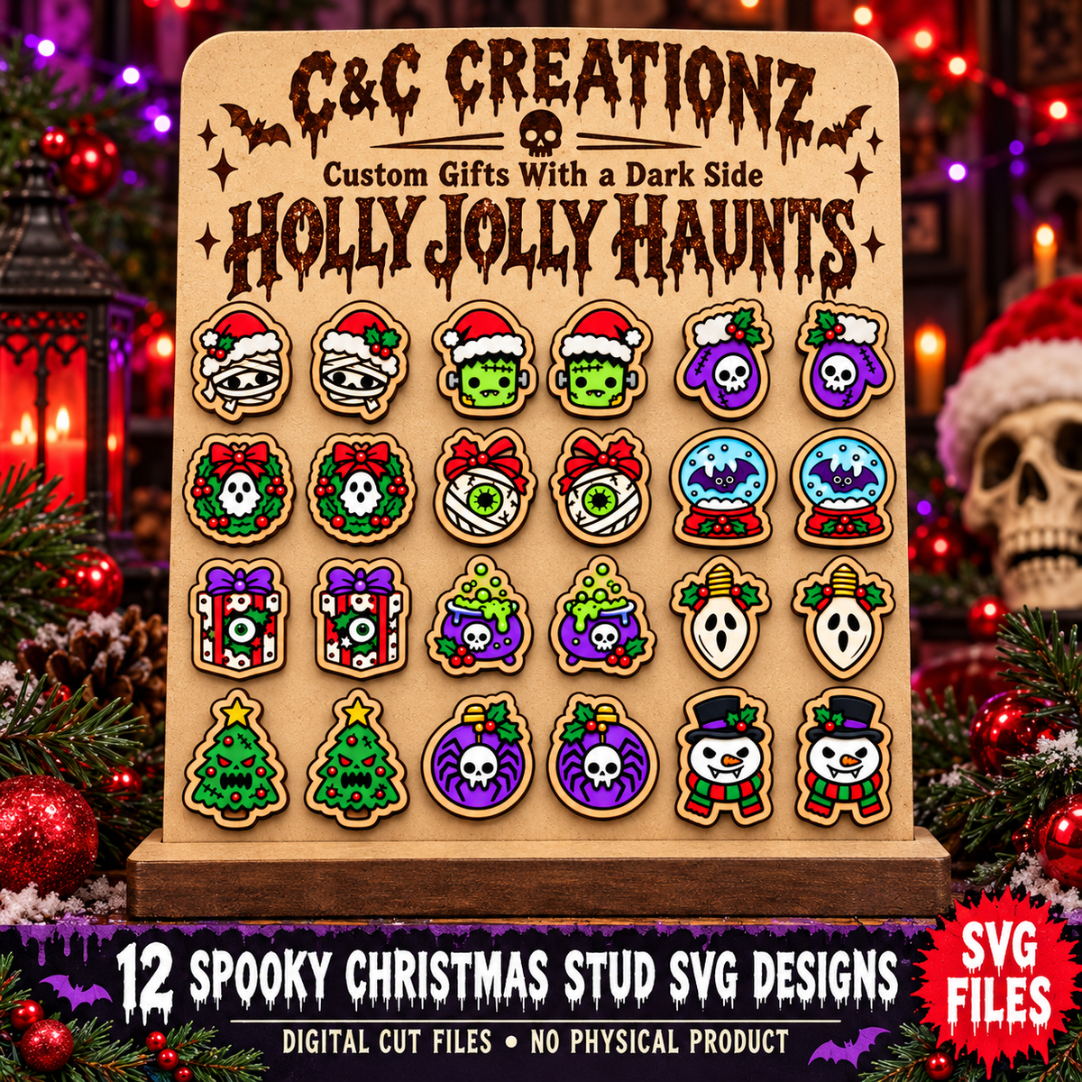 Holly Jolly Haunts 12 spooky Christmas stud earring SVG designs by C&C Creationz