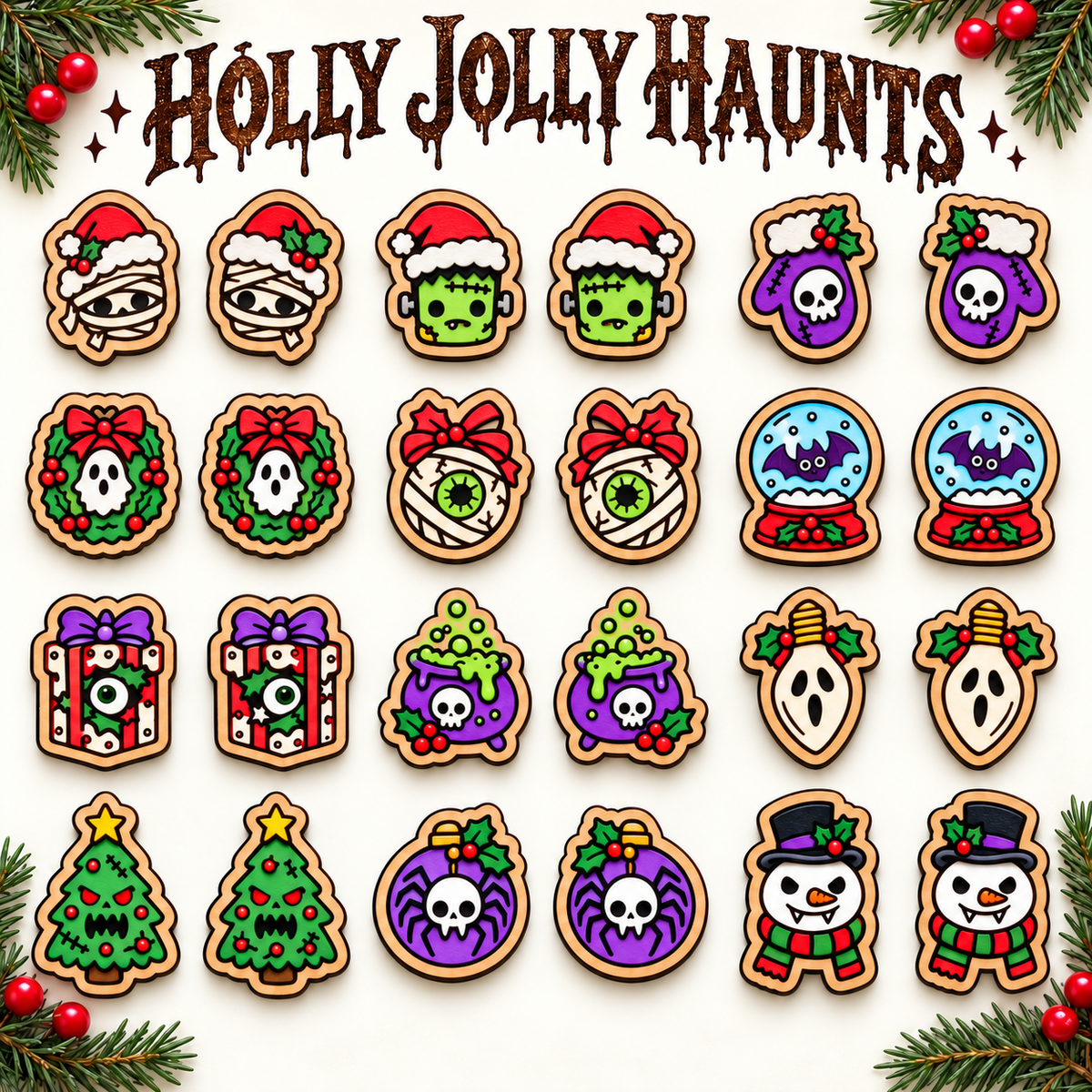 Painted spooky Christmas stud earring mockups in twelve pairs