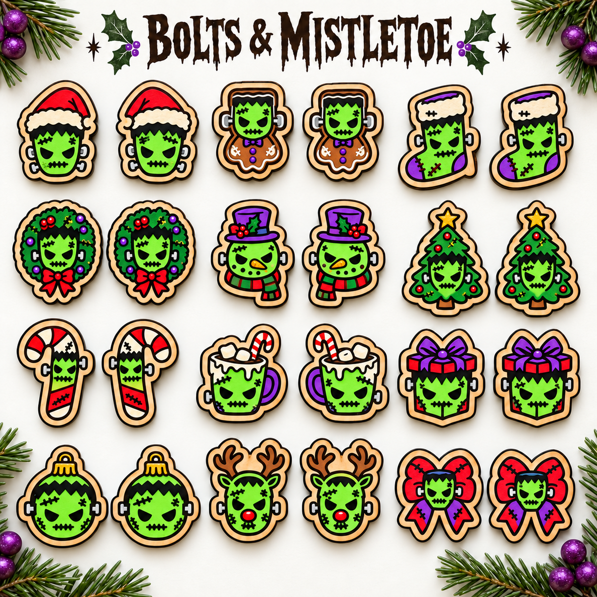 Painted Frankenstein Christmas stud earring design mockups in twelve pairs