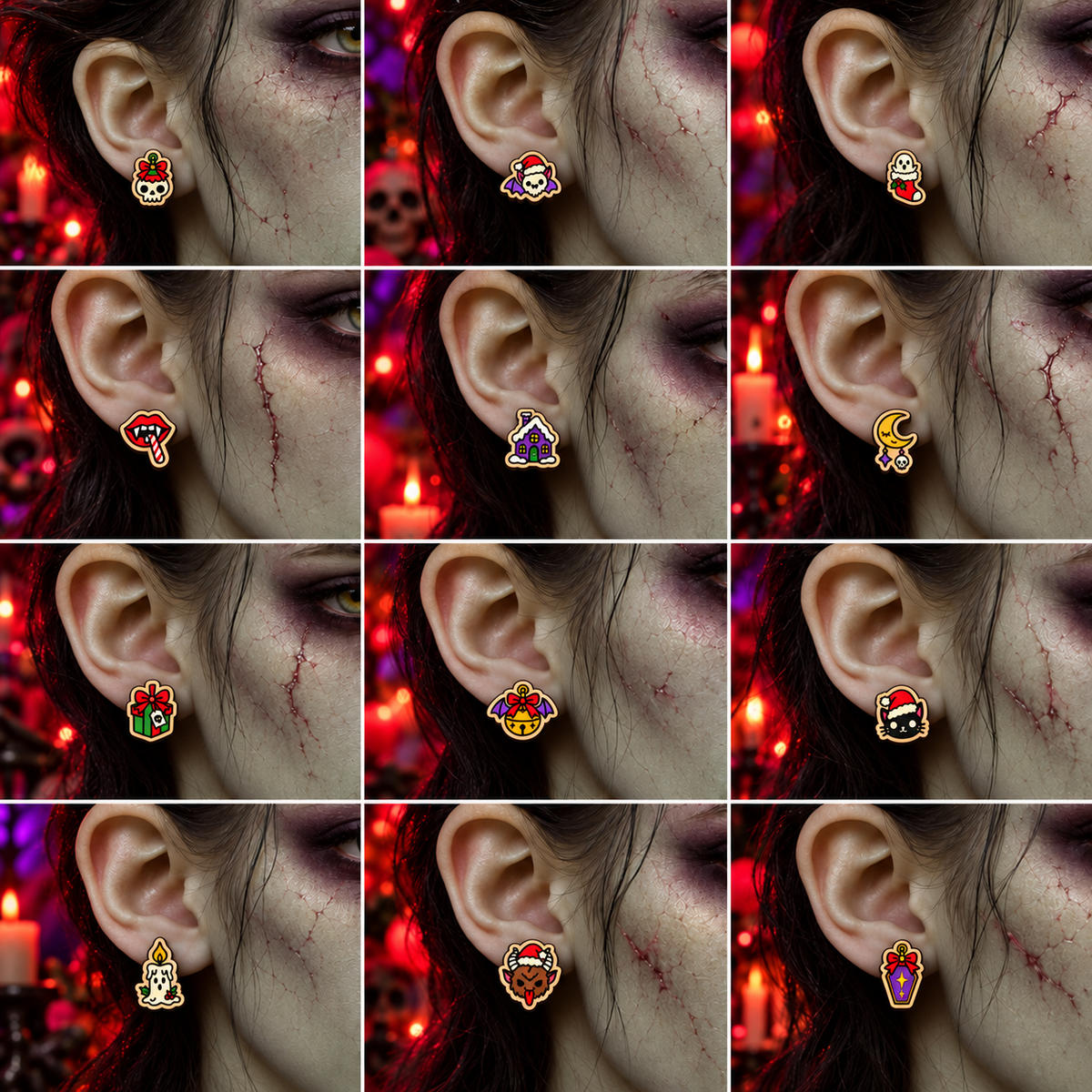 Twelve horror Christmas stud designs modeled on zombie ears