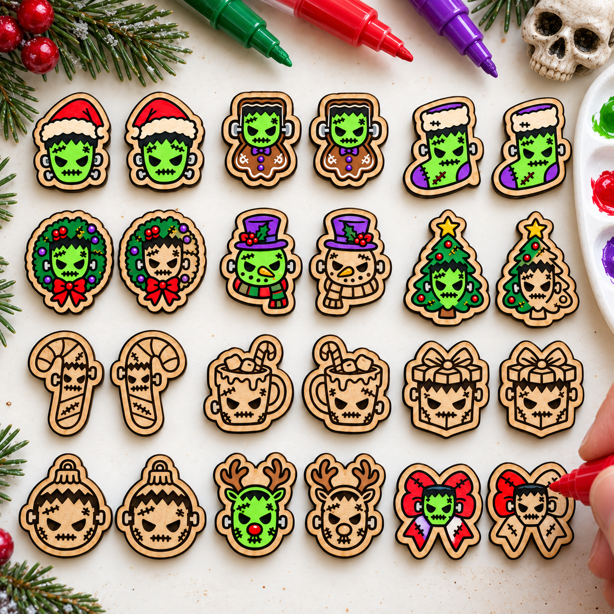 Frankenstein Christmas studs in natural, partly painted, and finished stages