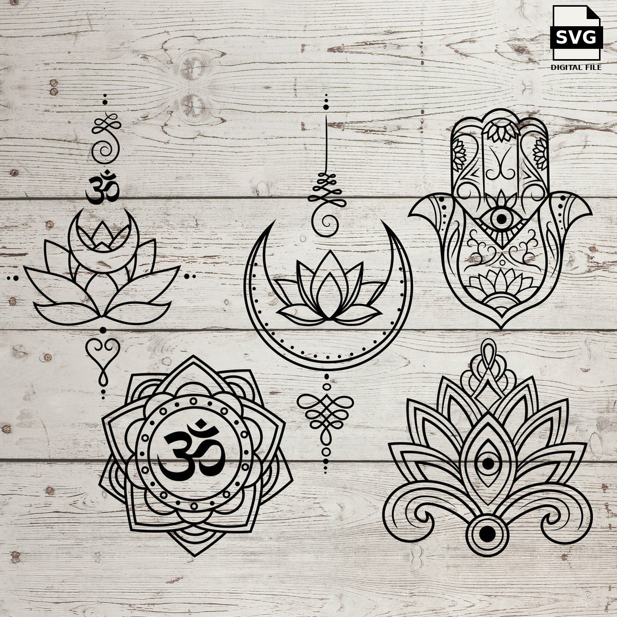 Hamsa hands, lotus flowers and tranquility symbols. SVG digital download preview.