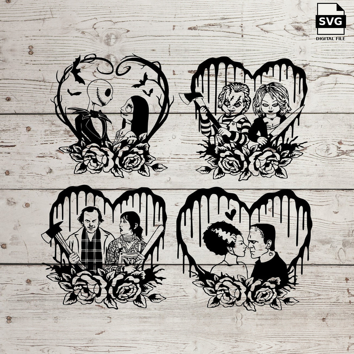 Horror couples framed by hands, hearts and roses. SVG digital download preview.