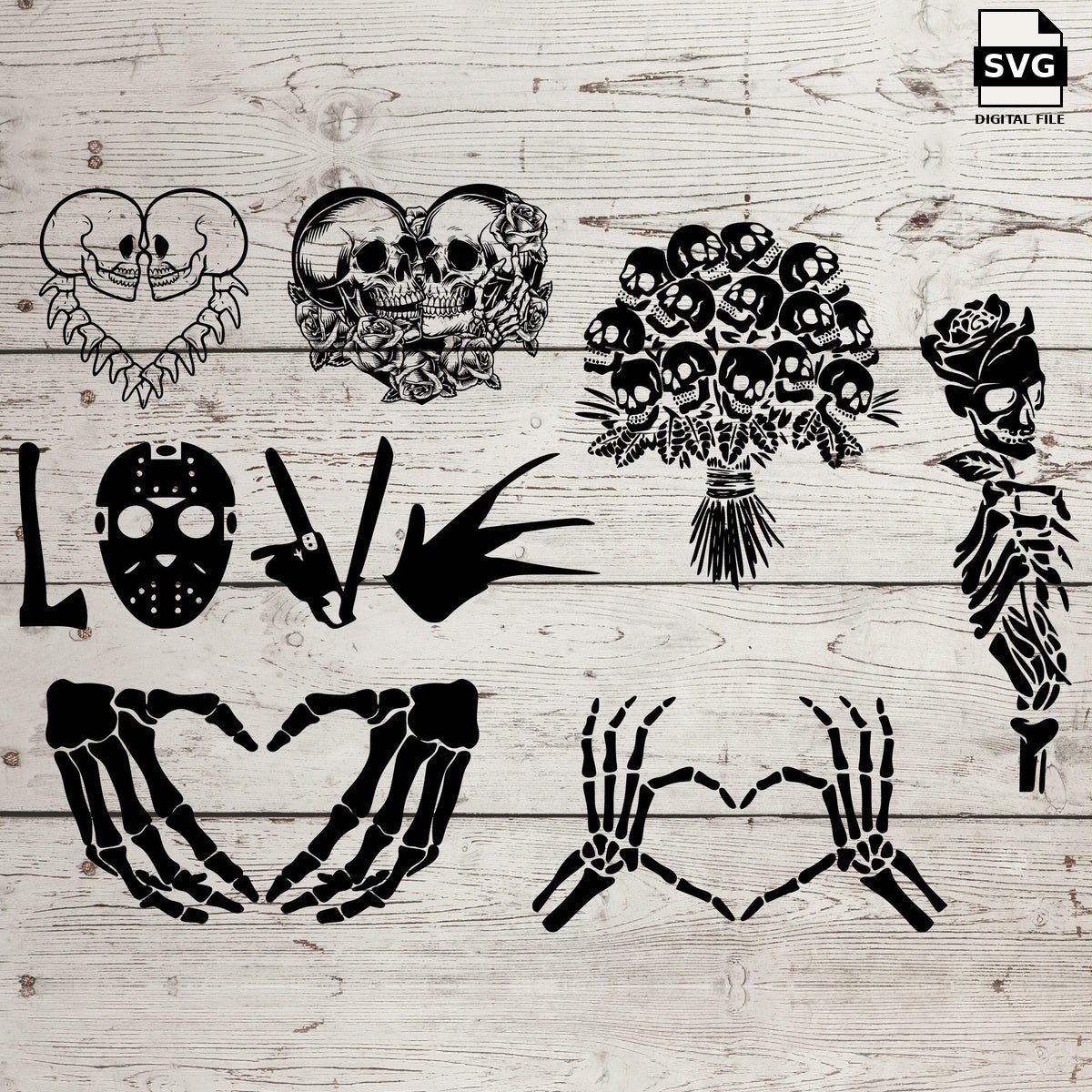 Horror love skeleton bundle. SVG digital download preview.