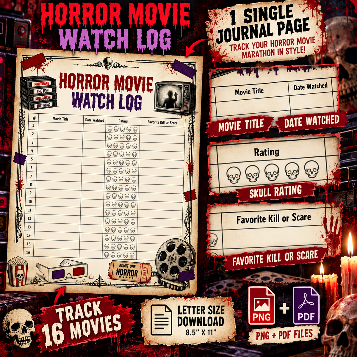 Horror Movie Watch Log journal page details showing 16 movie entries, movie title, date watched, skull rating, favorite kill or scare, and PNG plus PDF Letter size download