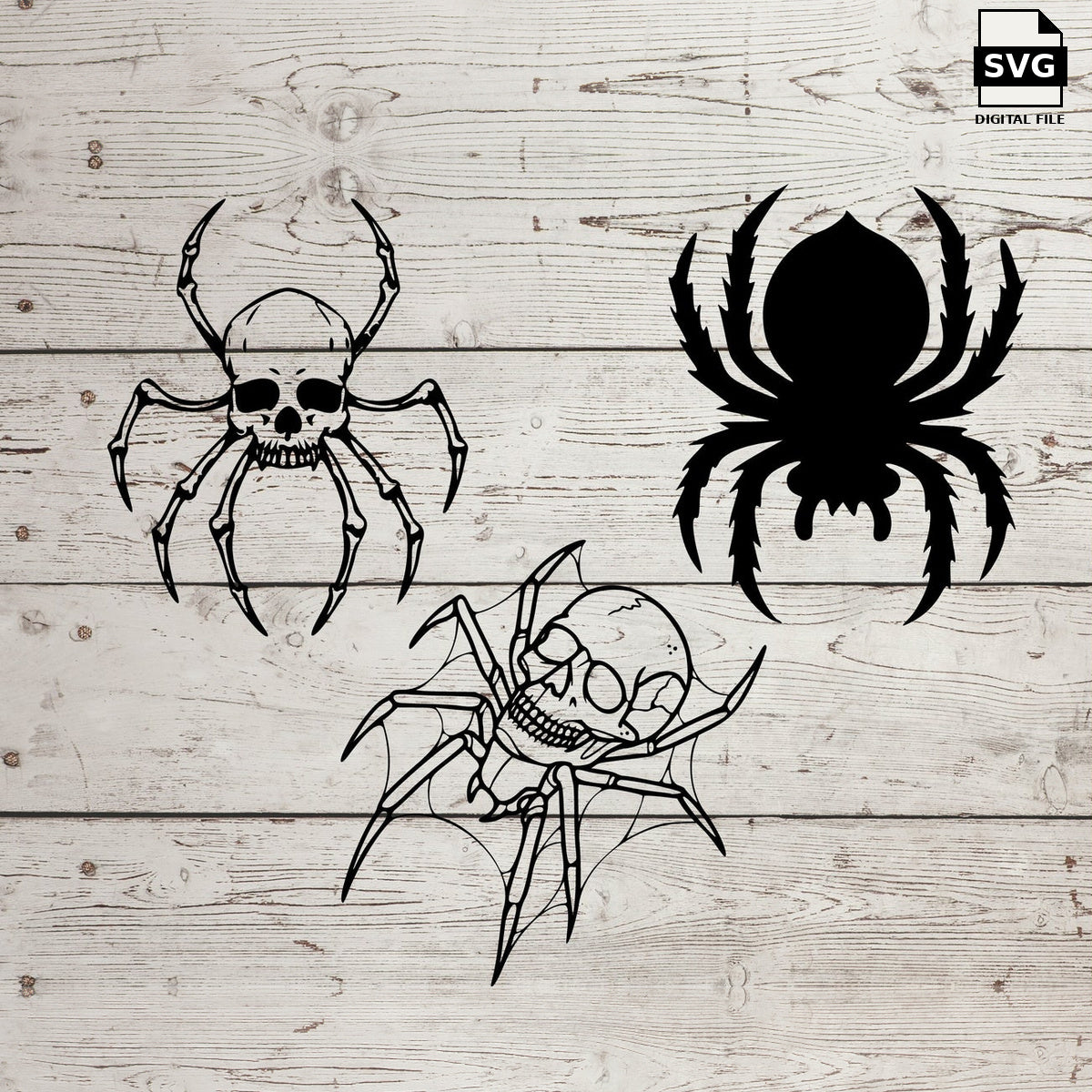 Three horror spider designs including a skull spider. SVG digital download preview.