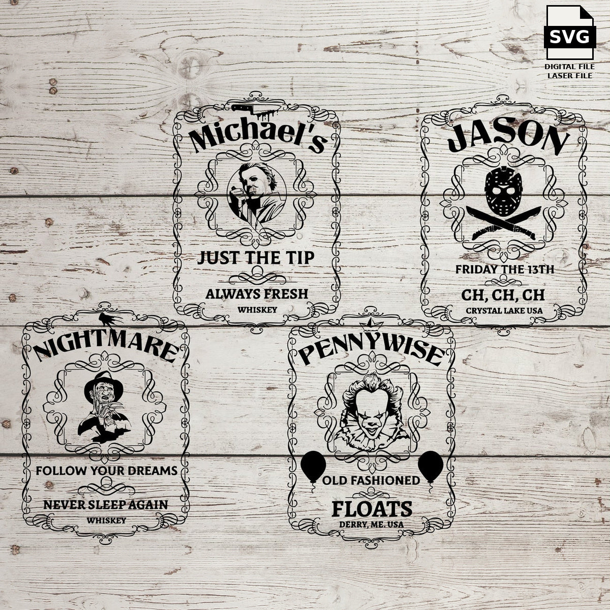Four ornate horror whiskey labels featuring Michael Myers, Jason, Freddy and Pennywise. SVG digital download preview.