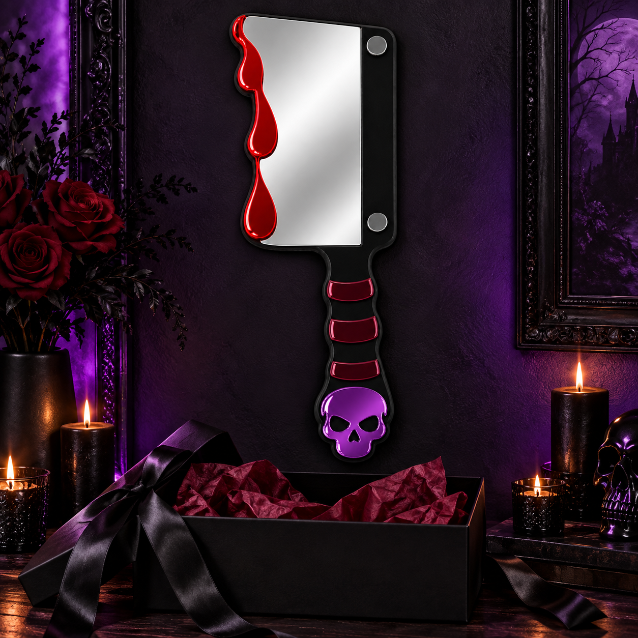 A gothic-style rectangular mirror with a black handle and red dripping blade detail, mounted on a dark purple wall above a black gift box with red tissue paper and candles.
