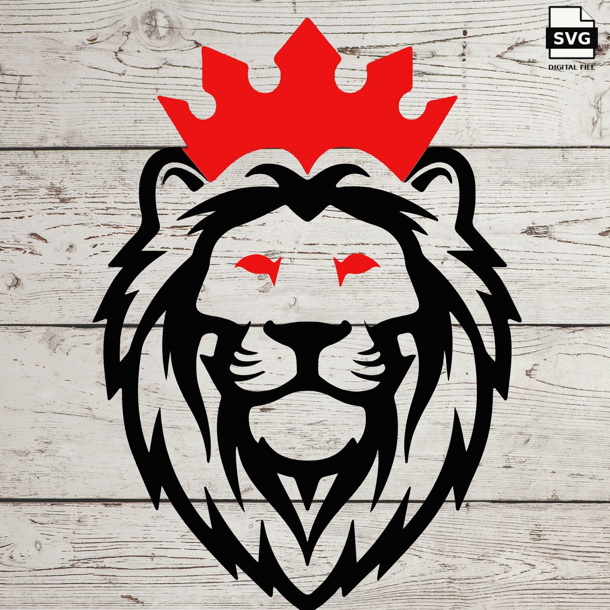 King lion with red crown SVG design on a whitewashed wood background. SVG digital file preview.