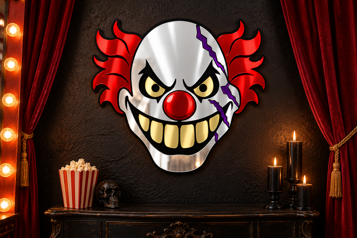 A stylized horror clown wall mirror art piece mounted on a dark textured wall, flanked by red curtains, with a popcorn bucket, skull, and lit candles below.