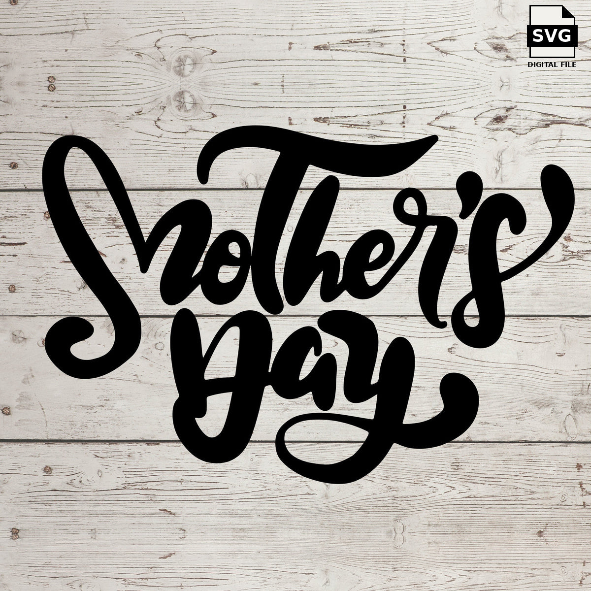 Mother’s Day bold lettering with heart accents on a wood background. SVG digital download preview.