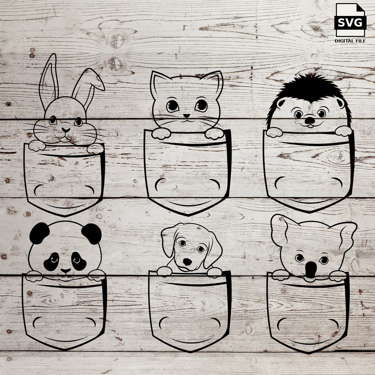 Six pocket animals including rabbit, cat, hedgehog, panda, puppy and koala. SVG digital download preview.