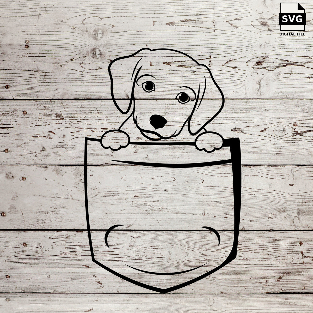 Puppy peeking out of a shirt pocket. SVG digital download preview.