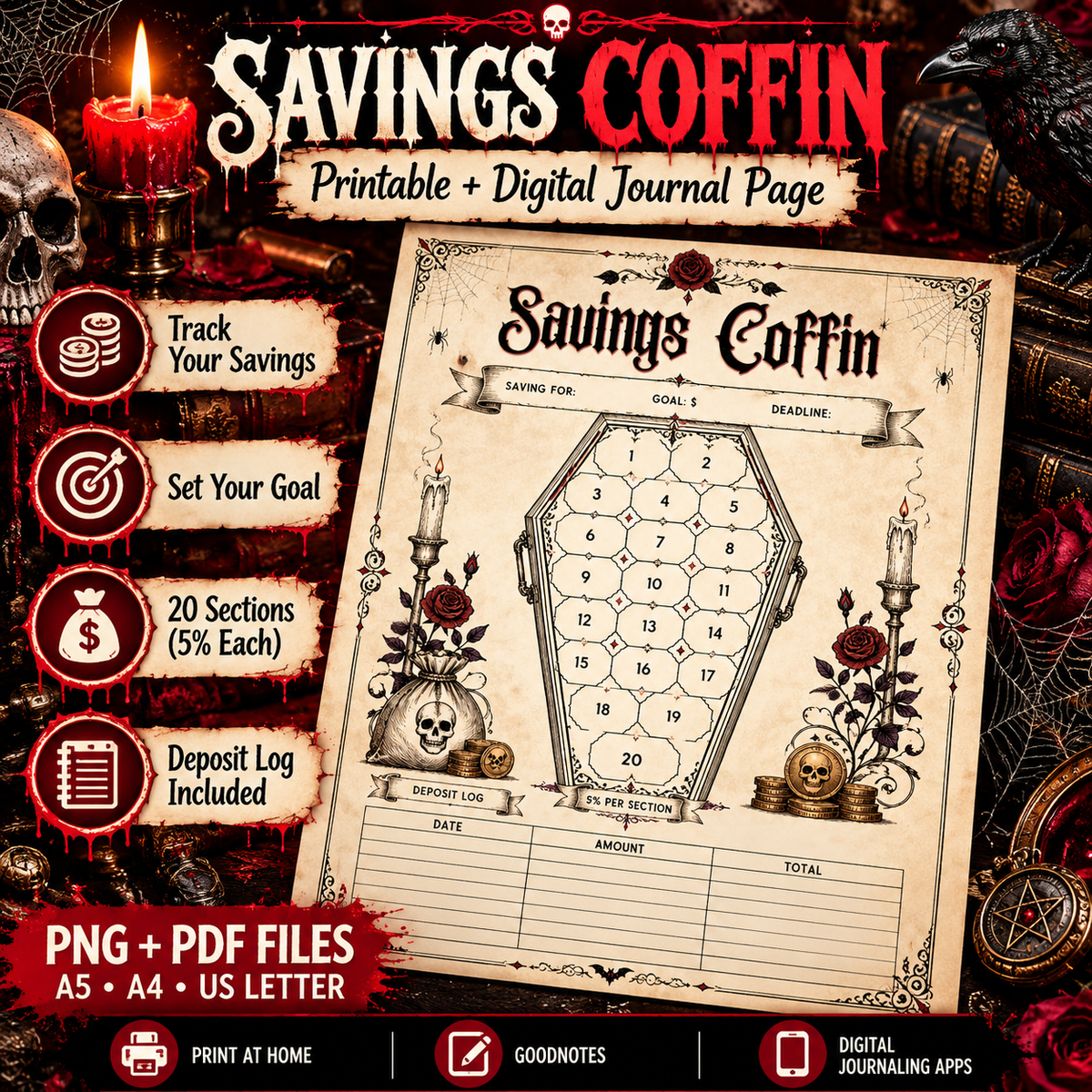 Savings Coffin printable and digital savings journal page with 20 five-percent sections, deposit log, PNG and PDF file details, and gothic horror styling