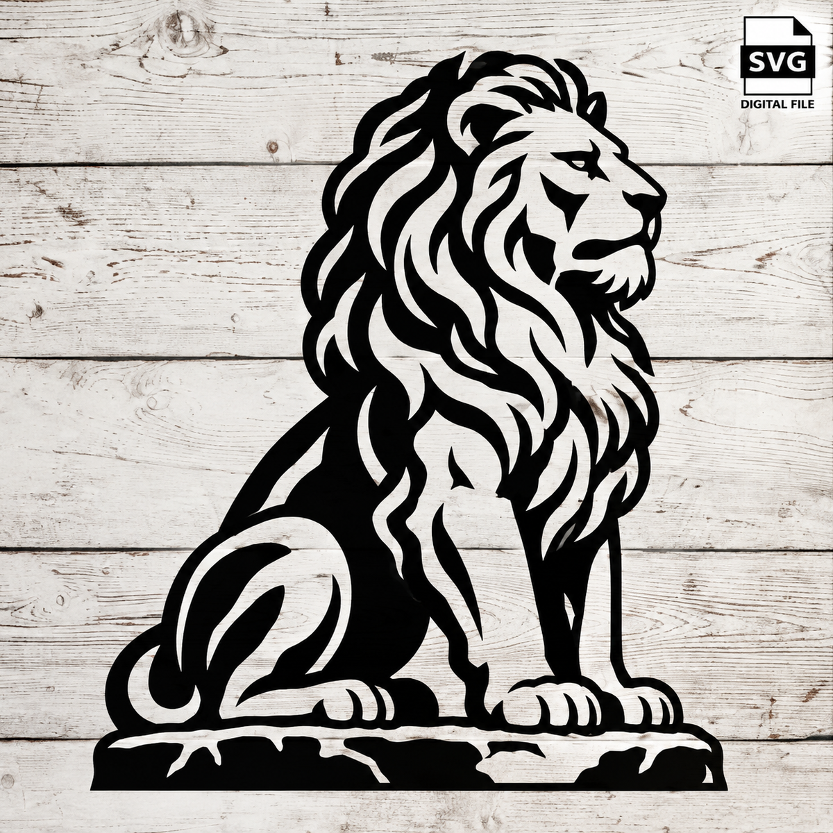 Stone Lion SVG digital file design on whitewashed wood with SVG Digital File badge in the top-right corner.