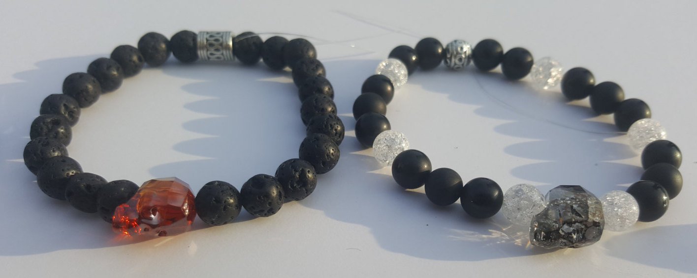Skull Bracelet, Black Lava and Swarovski Crystal Skull bead in Fire Orange and Speckle Black - CCCreationz