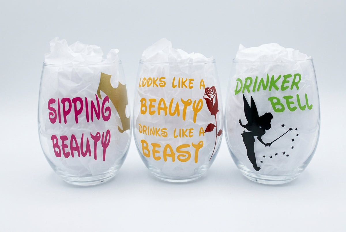 Disney Princess Wine glasses, Tinker Bell, Sleeping Beauty, Beauty and the Beast, Snow White - CCCreationz