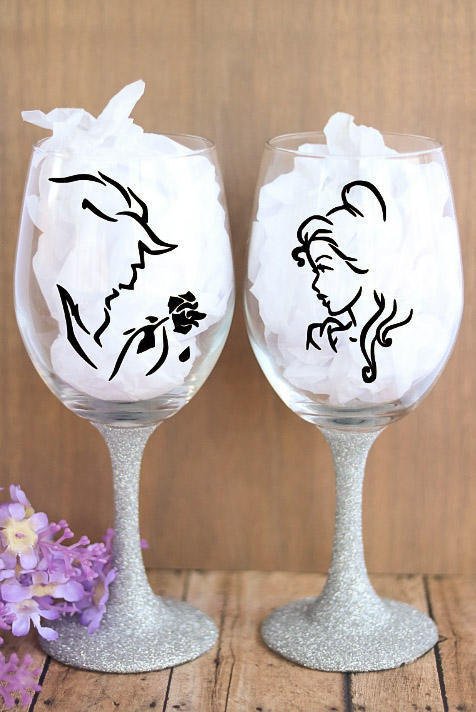 Beauty and the Beast, Disney wine glass, Wine glass set, Glitter wine  glass, Couple glasses