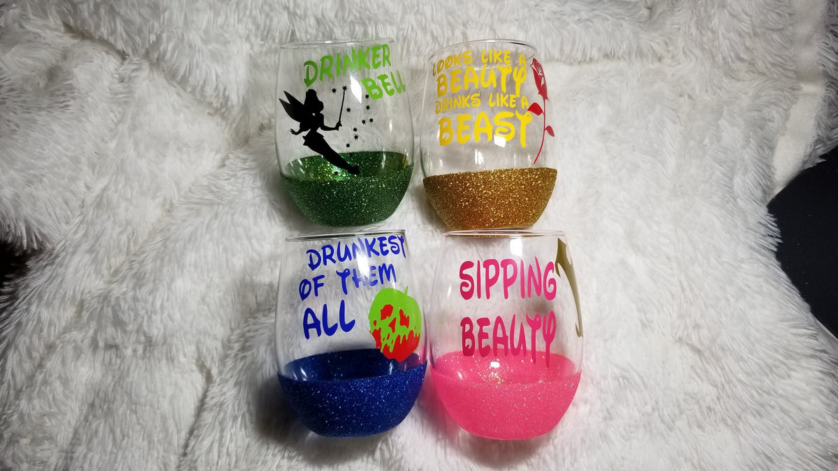 Disney Princess Wine glasses, Tinker Bell, Sleeping Beauty, Beauty and the Beast, Snow White - CCCreationz
