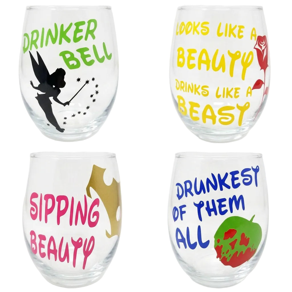 Disney Princess Wine glasses, Tinker Bell, Sleeping Beauty, Beauty and the Beast, Snow White - CCCreationz
