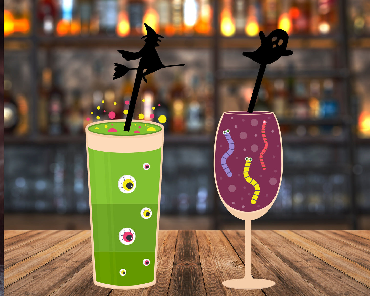 Halloween Stir Swizzle Sticks SVG Files | Halloween Drink Stirrers | Glowforge Halloween Cut File | Digital File witch, bat, spider, skull