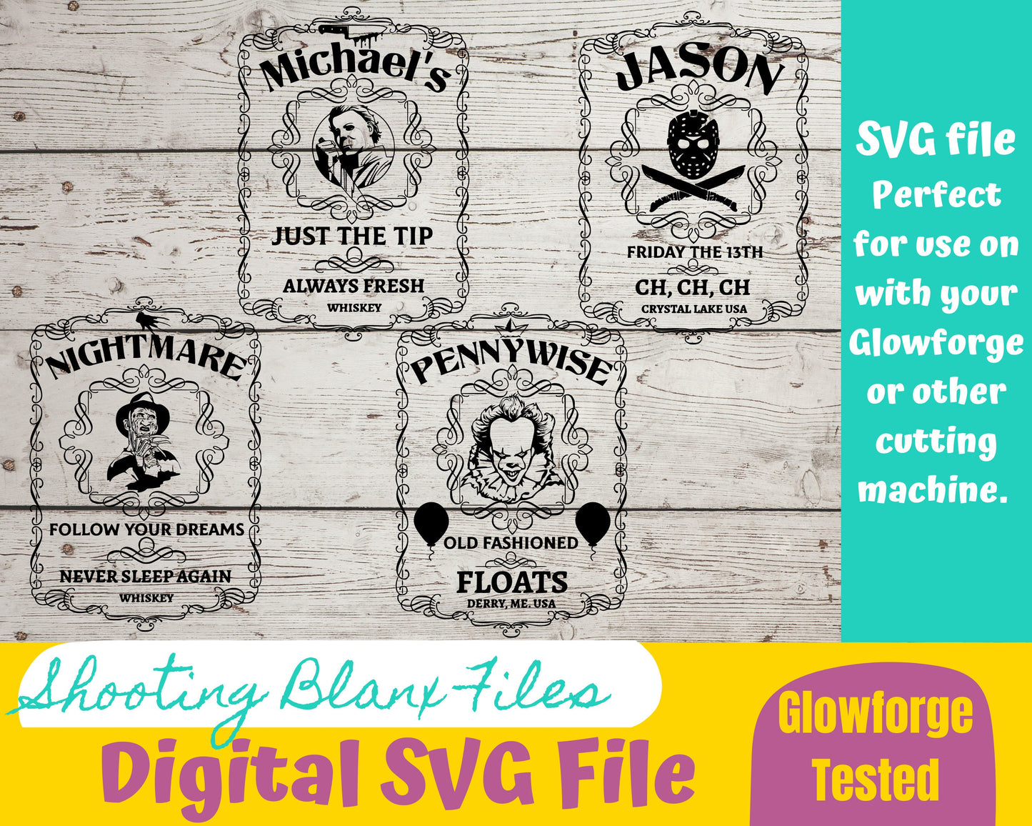 Horror Whiskey Flask Labels SVG Files | Halloween Drink Stirrers | Glowforge Halloween Cut File | Digital File, Freddy, Jason, Michael