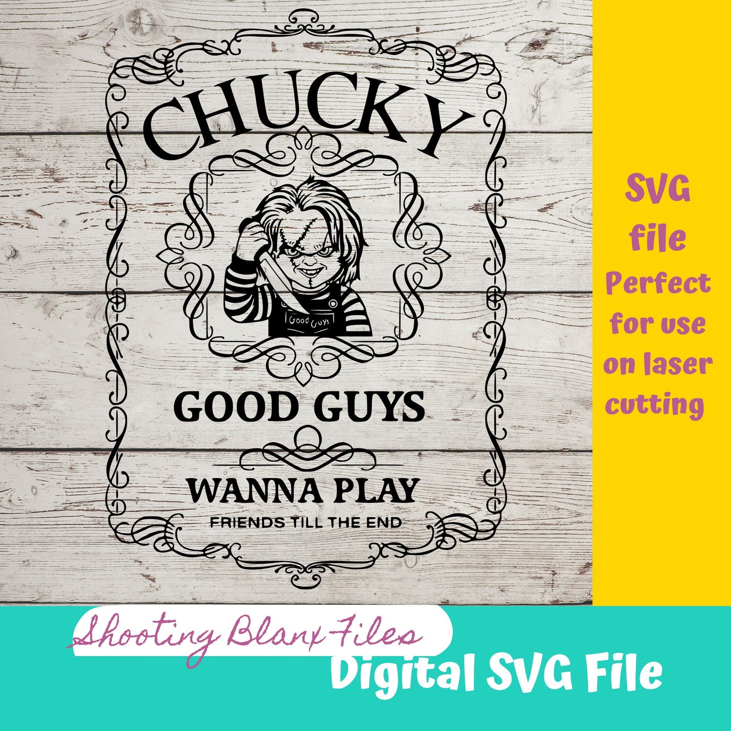 Horror Whiskey Flask Labels SVG Files | Halloween whisky | Glowforge Halloween Cut File | Digital File, Chucky, wanna play