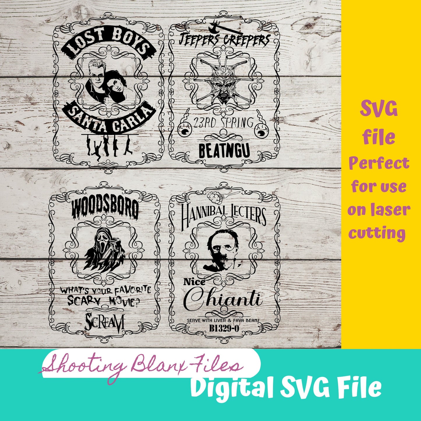 Horror Whiskey Flask Labels SVG Files | Halloween whisky | Glowforge Halloween Cut File | Digital File, Freddy, Jason, Michael