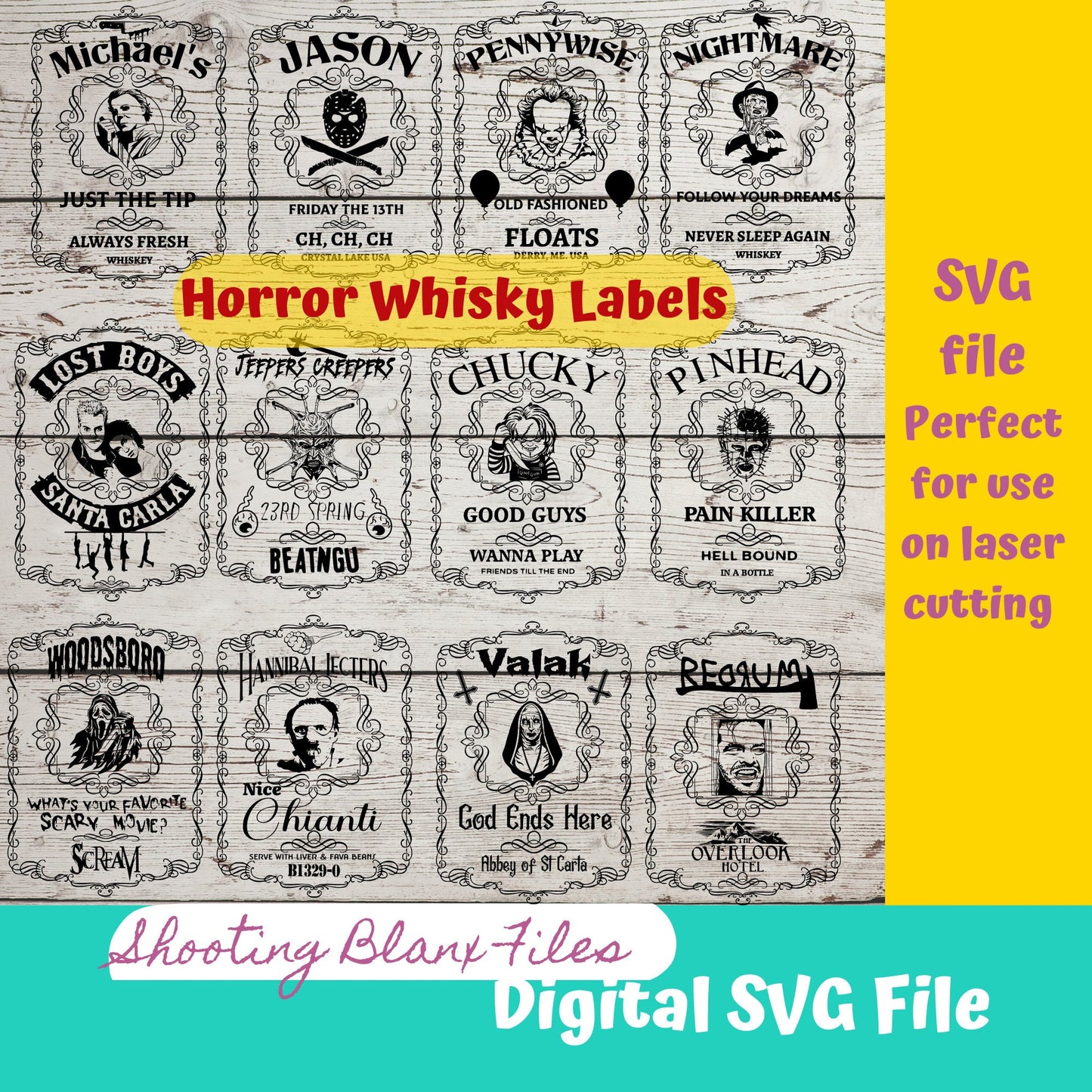 Horror Whiskey Flask Labels SVG Files | Halloween whisky | Glowforge Halloween Cut File | Digital File, Freddy, Jason, Michael