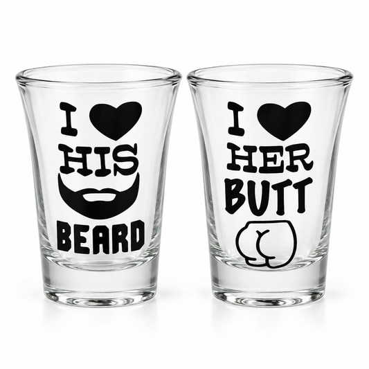 I love his beard, I love her butt shot glass set — Glassware photo 1