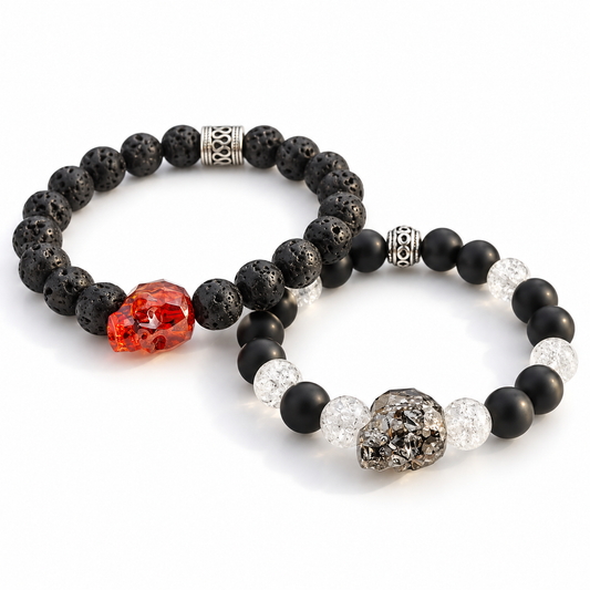 Skull, Swarovski Crystal Beads, Stackable Bracelets, Mens Bracelets, Onyx Bracelet, Lava Stone, Aromatherapy, Biker Jewelry, Father's Day Gift, Red