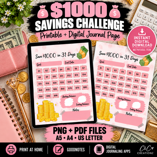 $1,000 savings challenge printable and digital money tracker PNG PDF A5 A4 US Letter for Goodnotes and digital journaling