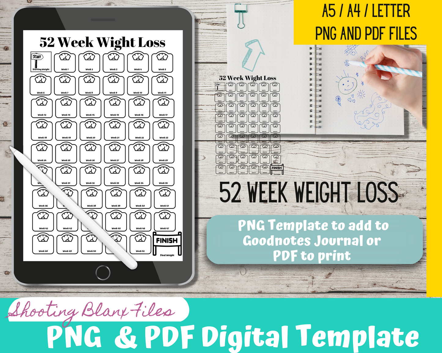 52 Week Weight Tracker / year at a glance tracker / Weight loss / Journal / Digital template / Journal Page layout bujo