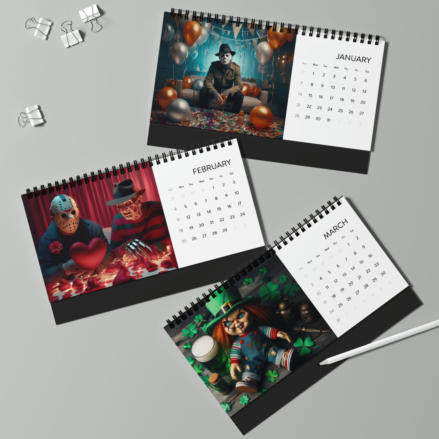 Horror Movie Themed Desktop Calendar (2024), Horror Fan, Horror Gift, New Year, Freddy Krueger, Jason, Michael Myers
