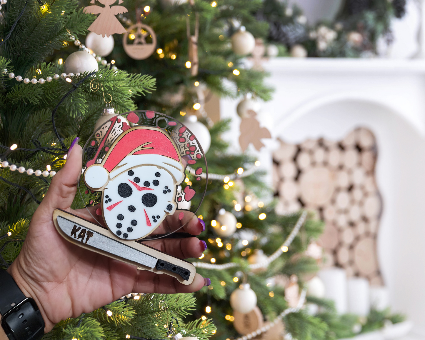 Jason Voorhees Christmas Ornament, wood and acrylic 2d layered, custom name ornament