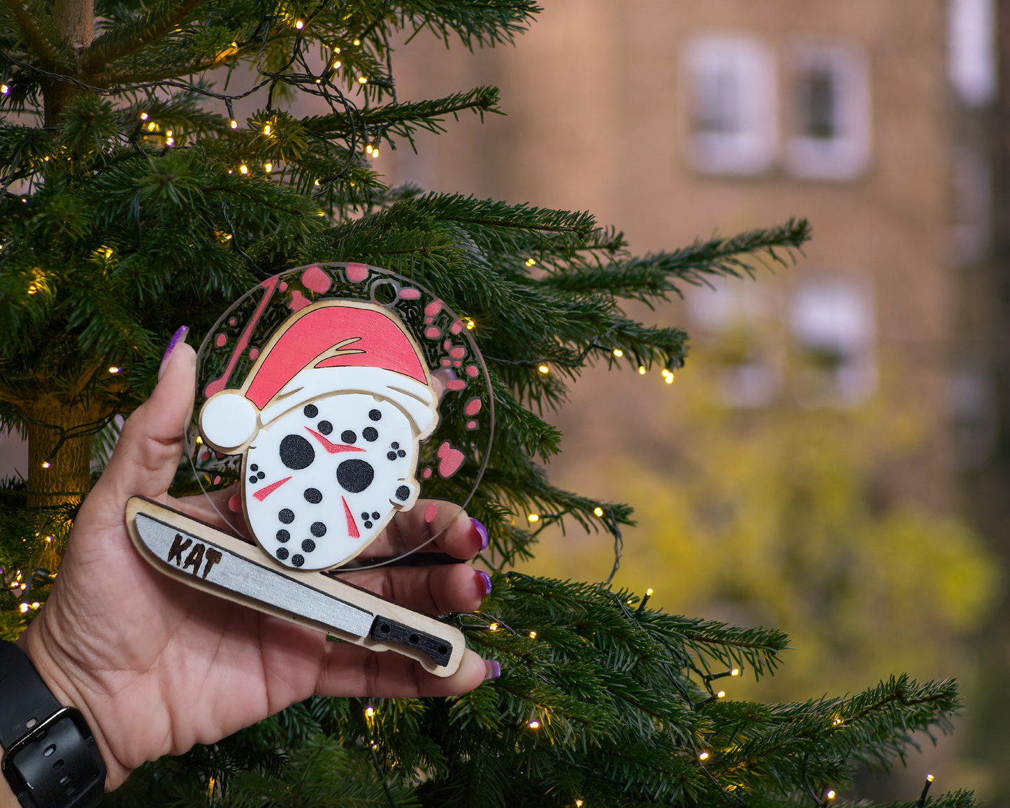 Jason Voorhees Christmas Ornament, wood and acrylic 2d layered, custom name ornament