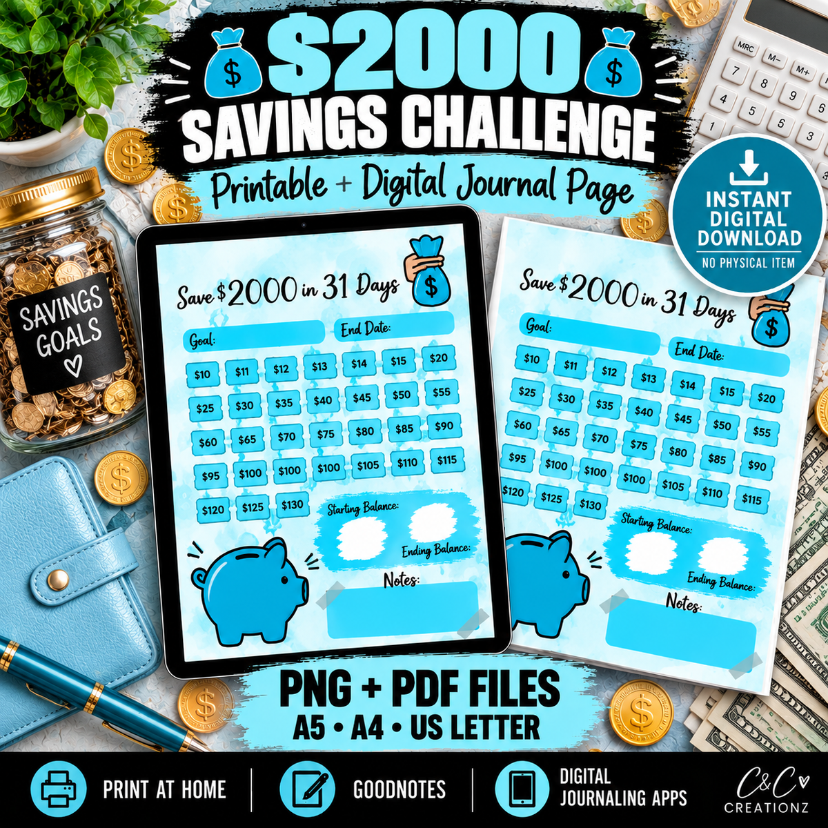 $2,000 savings challenge printable and digital money tracker PNG PDF A5 A4 US Letter for Goodnotes and digital journaling