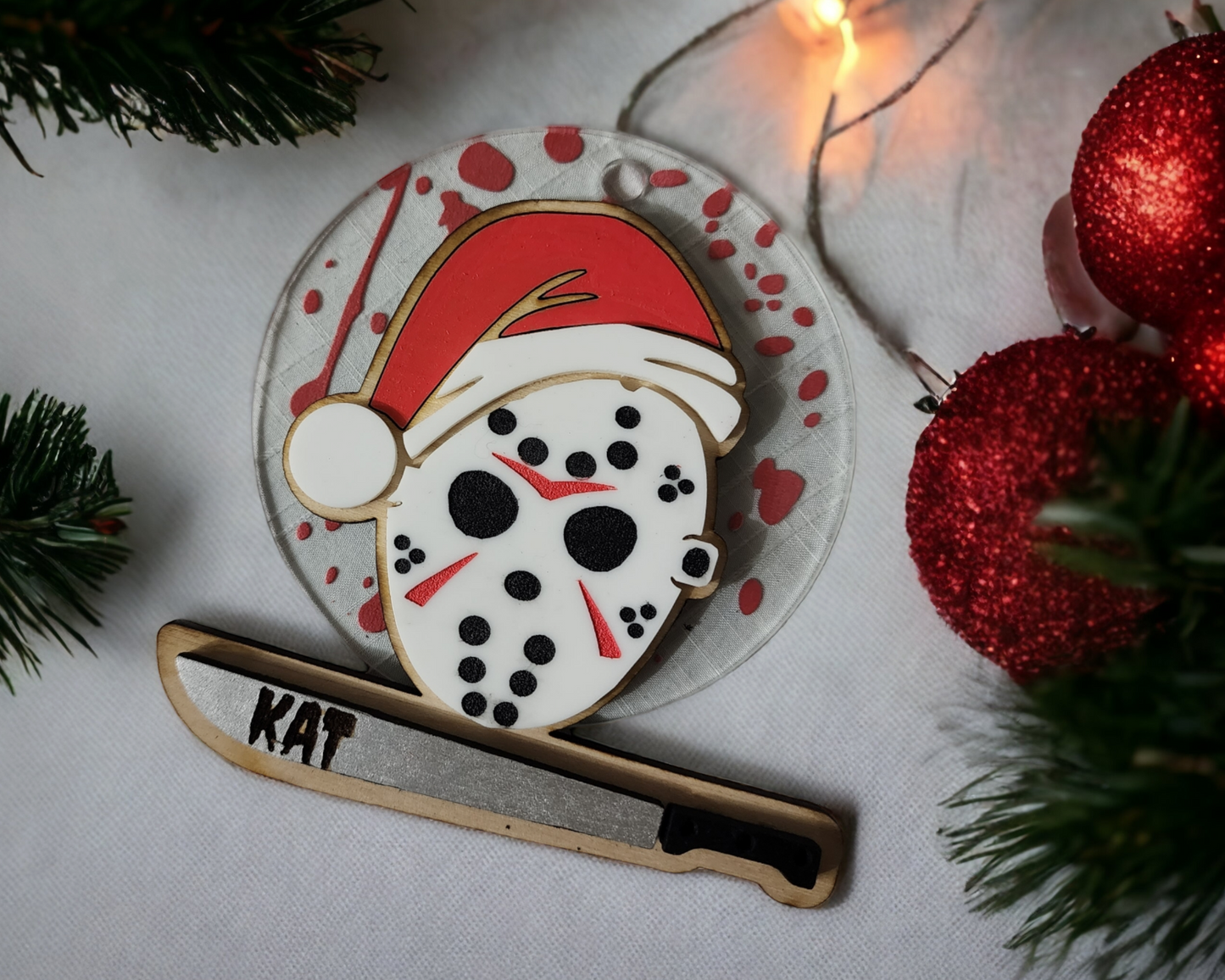 Jason Voorhees Christmas Ornament, wood and acrylic 2d layered, custom name ornament