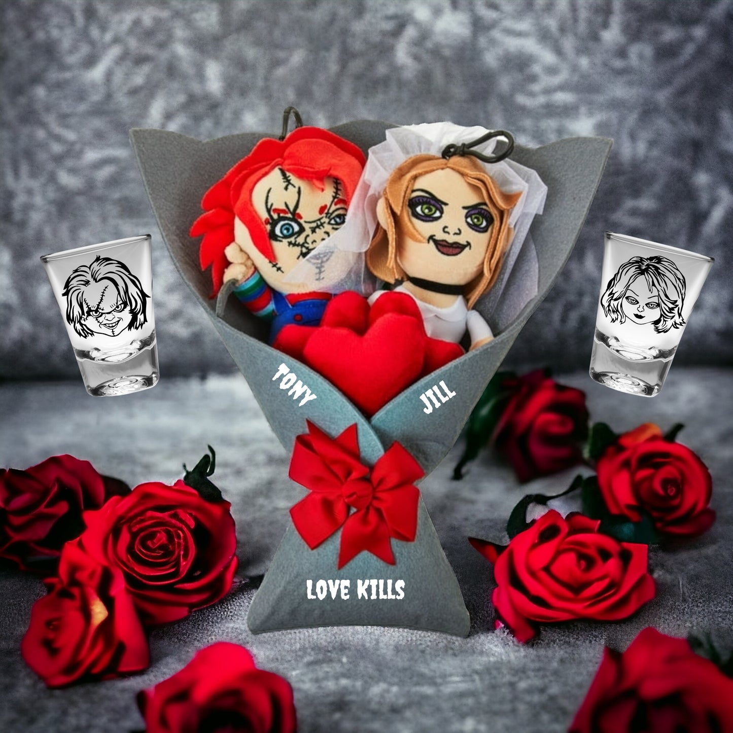 Custom Chucky & Tiff Bouquet, Bloody Valentine, Personalized Valentine Gifts, Custom Plush Bouquet, Horror Valentine Gifts, horror bouquet, plushie