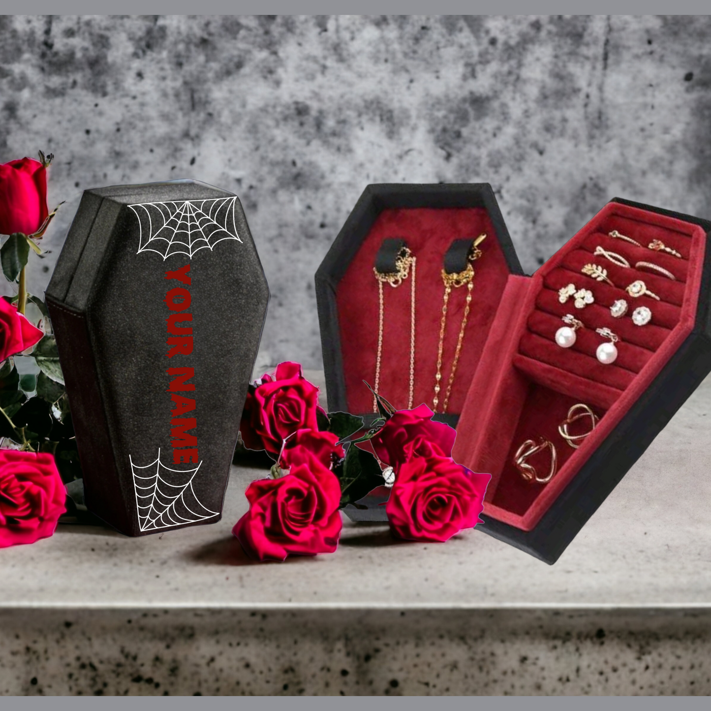 Black Velvet Coffin Makeup Case, Jewelry organizer, Ring Holder, Gothic